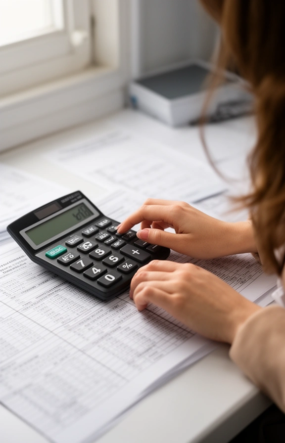 Manos de Romina con una calculadora y una planilla