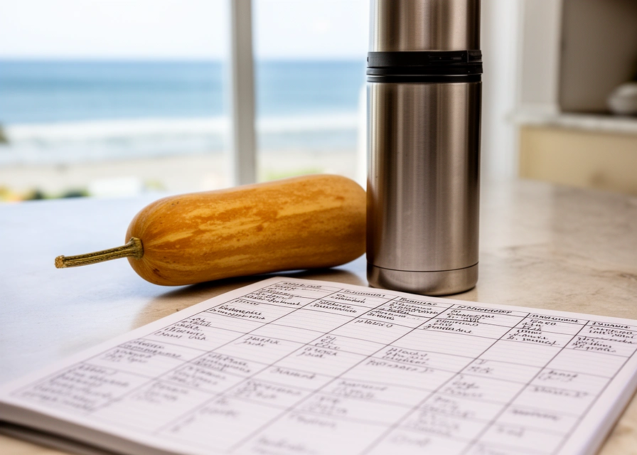 Mate y termo junto a un cuaderno con un presupuesto de doce columnas dibujado a mano